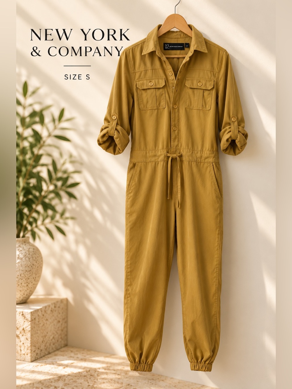 New York & Company Utility Jumpsuit Small Mustard Cargo Boiler Suit